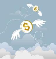Coin dollars with wings flying in the sky. Lost money concept