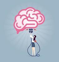 Carga idea cerebro o concepto de computación en la nube, empresario con enchufe eléctrico conectando el signo del cerebro