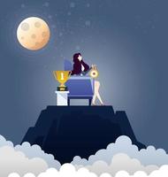 Businesswoman with award and trophy on top of mountain. Business concept vector