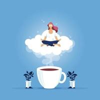 relajarse en el trabajo. Coffee break, personaje de empresaria relajante meditando en el trabajo de oficina vector