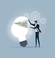 Idea makes money. Businessman opening a lightbulb full of money. Business concept vector