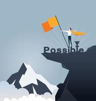 Businessman holding flat and standing on top mountain. Concept business vector illustration