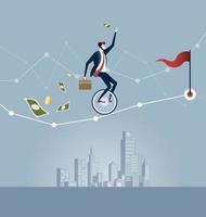 Businessman balancing on unicycle trying to drive through business chart. Business concept vector
