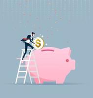 Businessman climbing up on a ladder and putting money into a big piggy bank. Business concept vector