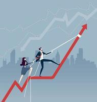 Business team pulling arrow graph chart up with a rope. Business concept vector