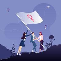 concepto de feminismo y poder de la mujer. grupo de mujeres juntas y ondeando la bandera con un signo de venus vector