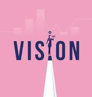 Vision concept in business with businesswoman and telescope, monocular. Symbol leadership, strategy, mission vector
