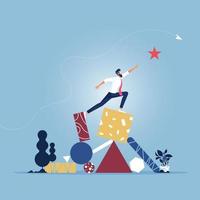 Businessman balancing on geometric shapes and reaching star vector