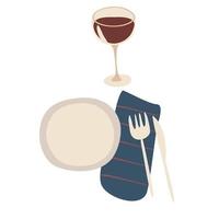 A plate with appliances and a glass of wine composition. vector