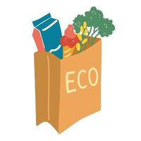 Paper bag with food. Banner delivery of local products. Different food and beverage products, grocery shopping. vector