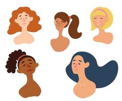 Female diverse faces. Freckles, Piercing, red hair, glasses, blonde, international. Collection of multiethnic female profile. vector