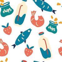 Stylish seamless pattern with products. Pattern with milk, fish, shrimp and strawberries. vector