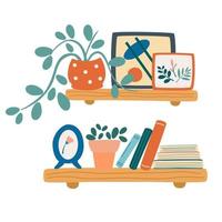 Wooden shelves with various objects on them. Books, flowers, frames with pictures. vector