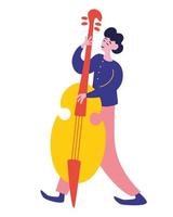 Young man playing on contrabass. Young Man Playing Double Bass. Male Jazz Musician Character. vector