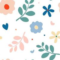 Summer nature motif seamless pattern. Daisy, twigs, petals and leaf. Meadow flowers background. vector