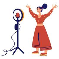 Girl in front circular light line vector illustration. Recording new Video Blogger Important Process. Internet blogger, profession or hobby.