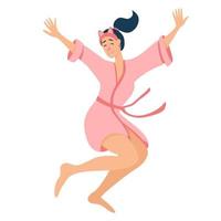 Happy surprised woman is jumping in a dressing gown. Pajama party. vector