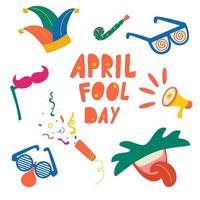 April fools day vector elements set. Jester hat, cracker, funny glasses, noses, moustaches, mouth with tongue icon over white background.