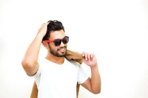 Man in white t shirt white background photo