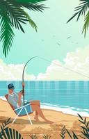 pescador pescando en la playa vector