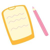 A tablet with a piece of paper on which a test paper and pencil. Cute cartoon vector illustration on white background.