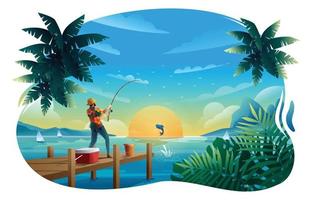 Man Catching a Fish with Fishing Rod at The Pier vector