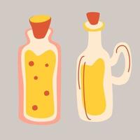 Botellas para mantequilla o salsa estilo dibujo a mano. Aceites y manteca de oliva y coco, vinagre de manzana en botellas. vector