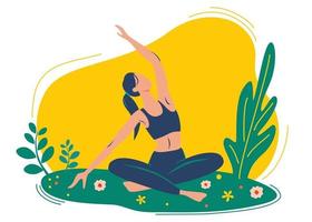 mujer hace ejercicio de yoga, pose de yoga. el concepto de yoga al aire libre. clases de yoga en la naturaleza. vector