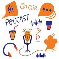 Set of different podcasting elements. Vector flat cartoon illustration Podcast show.