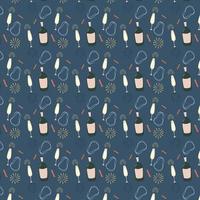 Champagne bottles and glasses vector pattern on blue background. Party invitation, holiday card.