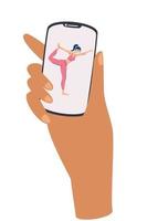 Hand holding a mobile with yoga exercises. A mobile online yoga classes. Stay active at home concept. vector