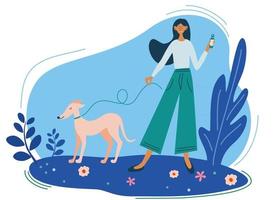 Young girl walks with a dog. Walk in nature with the dog. vector