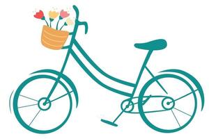 Cartoon retro bicycle with basket of flowers. Greeting Spring Banner. Season Ride. vector