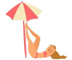 Beautiful smiling tanned girl lies lifting legs up under striped umbrella. Summertime vector illustration.