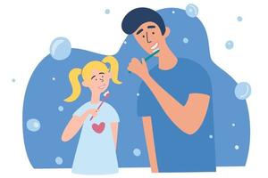 Family brush teeth. Father and daughter brush their teeth together. Happy family and health. Mouth Hygiene. vector