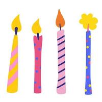 Birthday candles vector set. Festive accessories. Multicolor burning candles with lines and dots ornament.