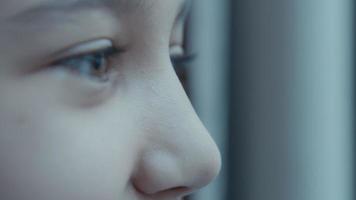 Ojo de cejas y nariz de niña mirando a través de la ventana video