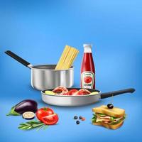 Ilustración de vector de composición de alimentos de herramientas de cocina realista
