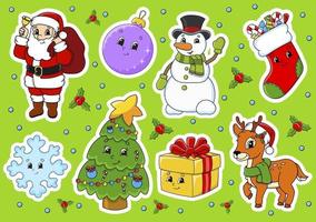 Set of Christmas stickers with cute cartoon characters vector