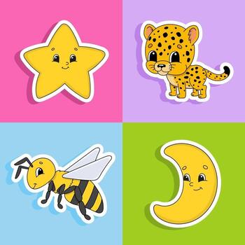 Set of stickers with cute cartoon characters vector