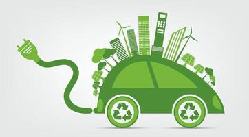 La ecología y el símbolo del coche del concepto del paisaje urbano ambiental con hojas verdes alrededor de las ciudades ayudan al mundo con ideas ecológicas vector