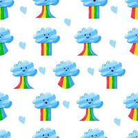 cute clouds with rainbow in flat hand drawn style seamless pattern vector