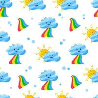 clouds rainbow and sun seamless pattern design with flat hand drawn style vector