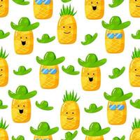 cute summer pineapple cartoon character with flat hand drawn style seamless pattern vector