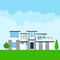 Brick house exterior flat style design vector illustration with roof windows and shadows Classic townhouse apartments Facade green grass and trees Cloudy sky