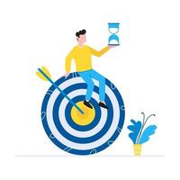 Effective goal achievement time management business concept Man sitting on the target symbol with arrow and holding hourglass Business people character for web banners isolated on white background vector