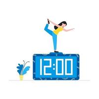 Mujer joven de pie en pose de yoga en el reloj, gestión del tiempo, equilibrio, concepto empresarial, diseño de estilo plano, ilustración vectorial aislado sobre fondo blanco vector