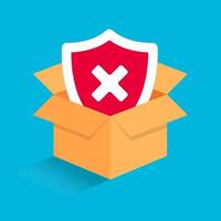 3d isometric cardboard opened box isolated on light blue background  with check mark cross in the shield sign icon Symbol of bad protection guardingship and delivery flat style vector illustration