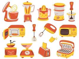 Cartoon kitchen appliances set. Juicer, grill, blender, electronic scale, coffee grinder, toaster, blender, microwave oven, stand mixer.