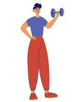 Young man training with Dumbbell. Smiling Man Holding his Hand Up with Dumbbell. Exercise for Arm Strength. vector